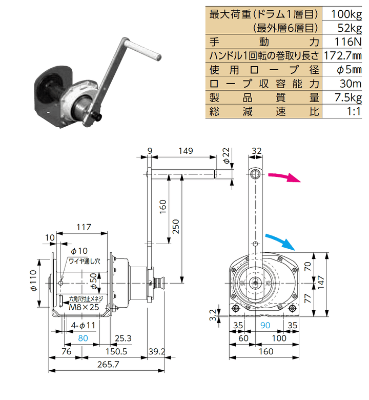 ステンレスウインチ SSW ポータブルウインチ 手動:富士製作所
