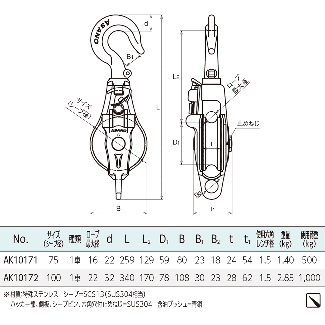 AKブロックⅢ-A型 スナッチハッカー PAT.ステンレス滑車:ASANO