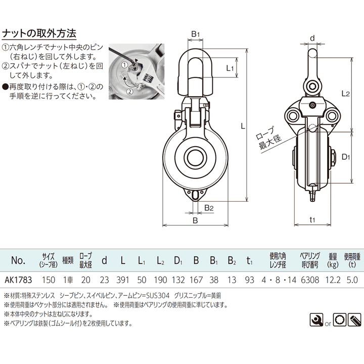 強力吊ローラーⅡ型 (ベアリング入)ステンレス滑車:ASANO
