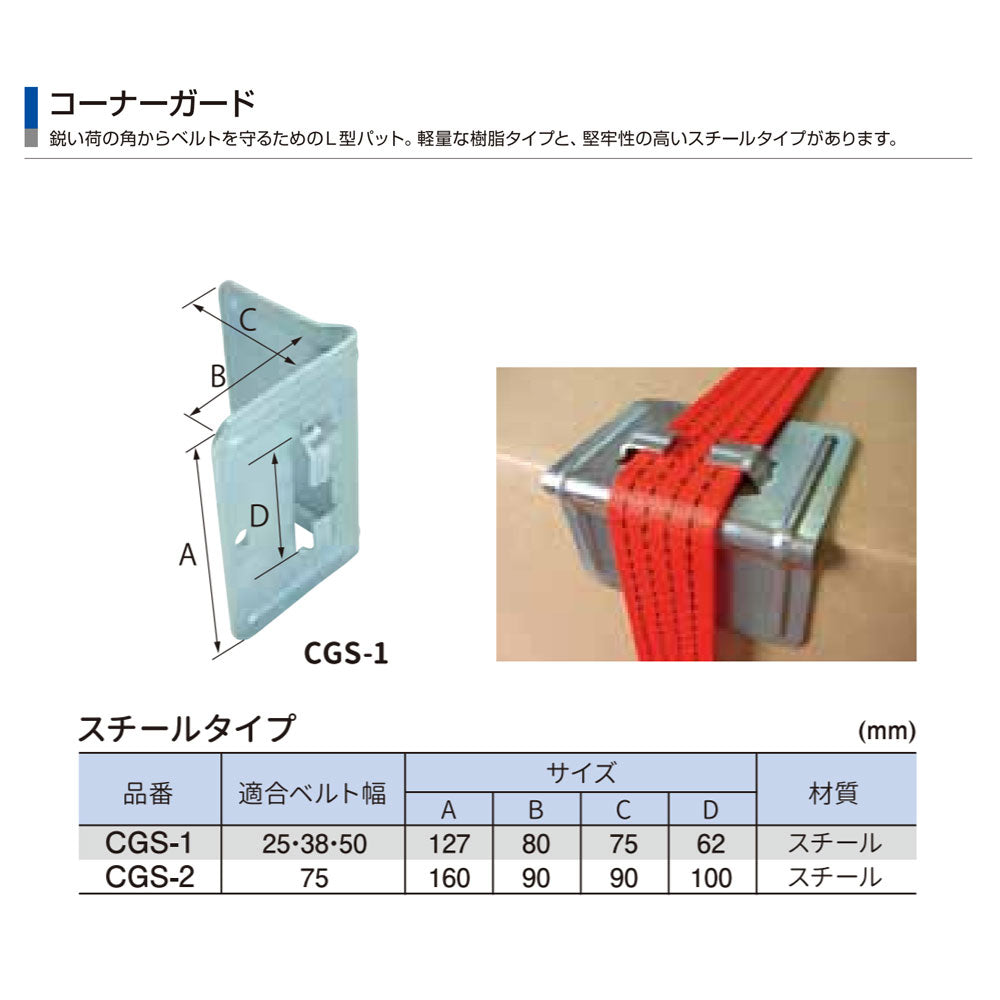 ラッシングベルト用コーナーガード 樹脂タイプ・スチールタイプ(25mm 38mm 50mm幅)L型パッド