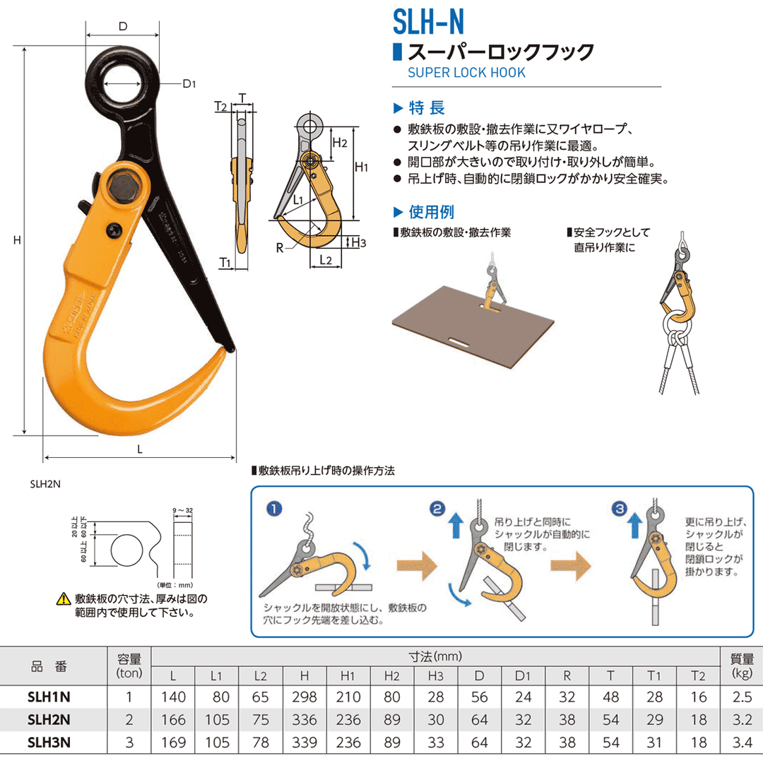 スーパーロックフックSLH(ワイヤ・チェーンカスタム)敷鉄板吊り用フック