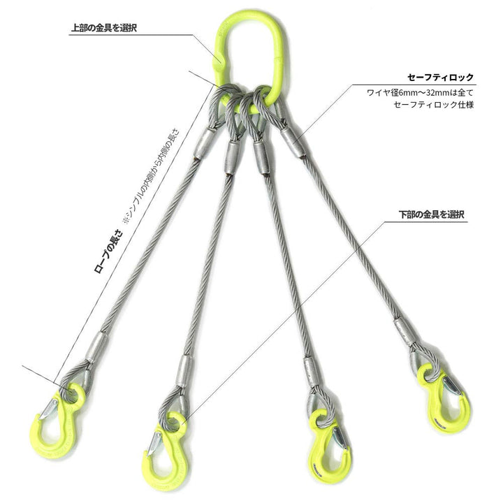 4本吊り 玉掛ワイヤロープ JIS(リング・フック)