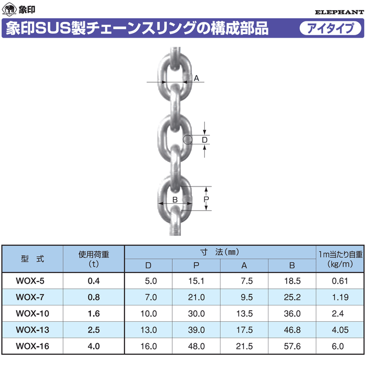 ステンレスチェーン WOX スリングチェーン:象印