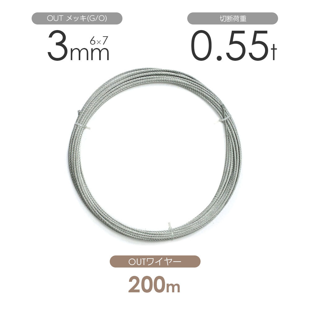 OUTワイヤロープ 200m巻(黒・メッキ)