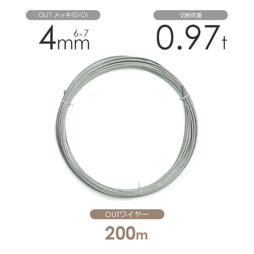 OUTワイヤロープ 200m巻(黒・メッキ)