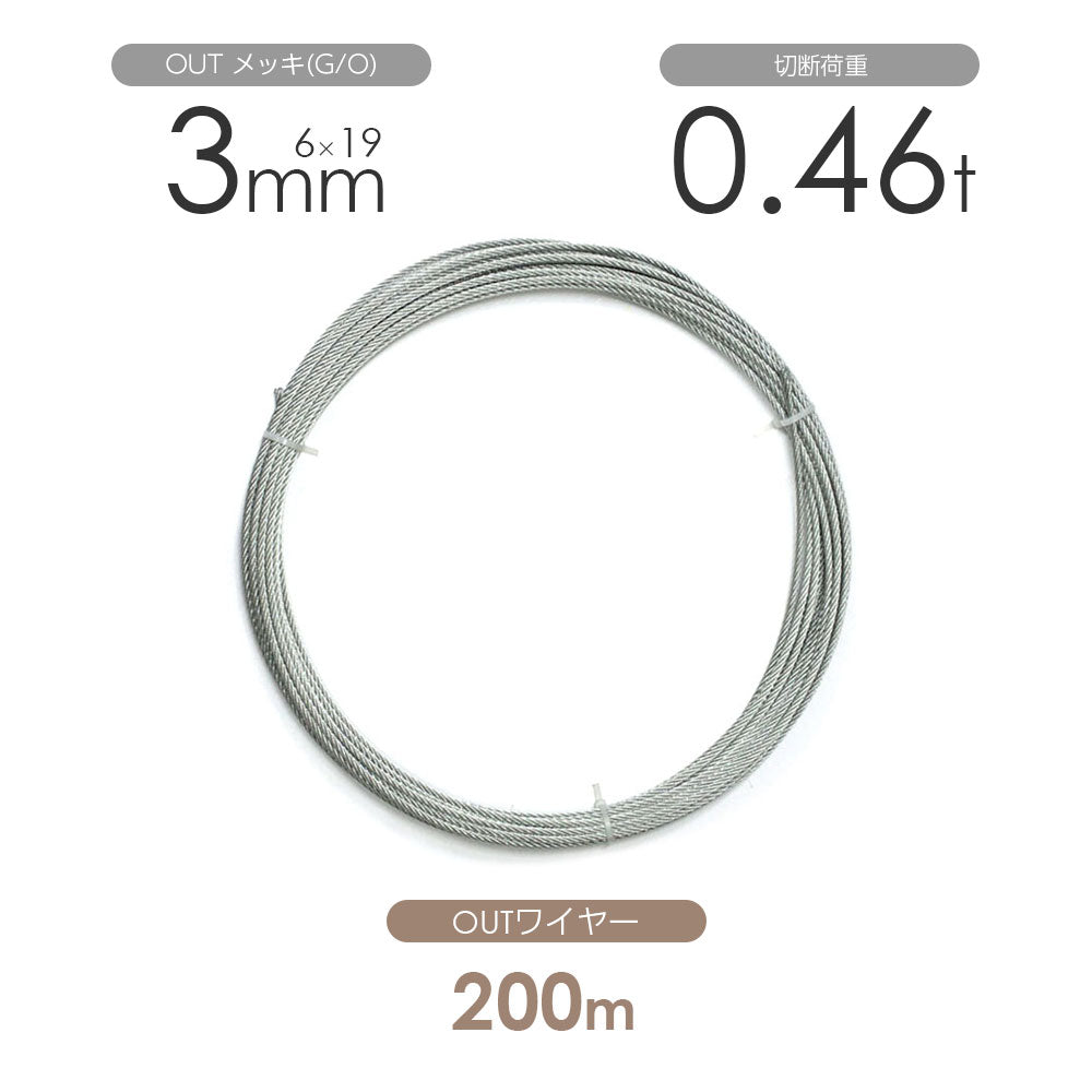 OUTワイヤロープ 200m巻(黒・メッキ)