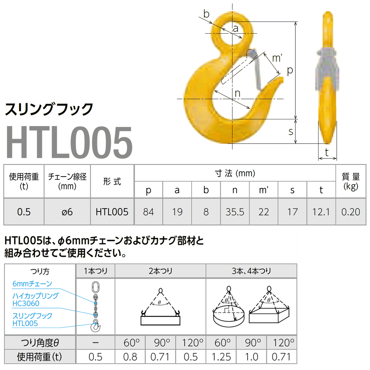 小型スリングフックHTL005 使用荷重0.5t(アイタイプ)KITO 小型スリングフックHTL005 使用荷重0.5t(アイタイプ)KITO