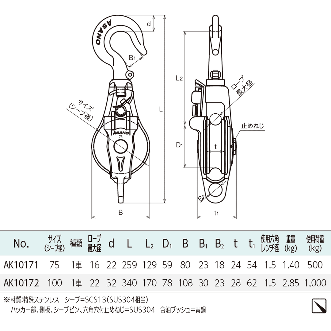 AKブロックⅢ-A型 スナッチハッカー PAT.ステンレス滑車:ASANO AKブロックⅢ-A型 スナッチハッカー PAT.ステンレス滑車:ASANO