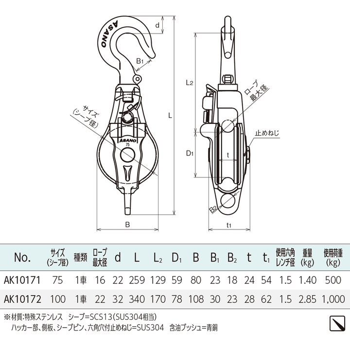 AKブロックⅢ-A型 スナッチハッカー PAT.ステンレス滑車：ASANO