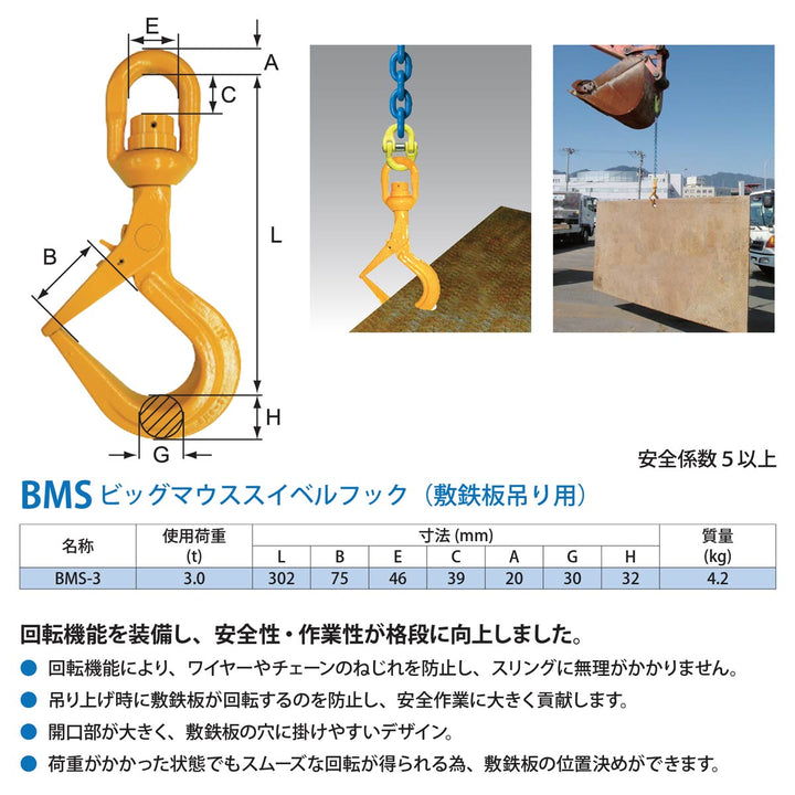 BMS-3 ビッグマウススイベルフック(敷鉄板吊り用)：マーテック
