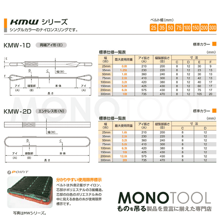 国産ナイロンスリング（1色） 両端アイ形（E型）KMWシリーズ