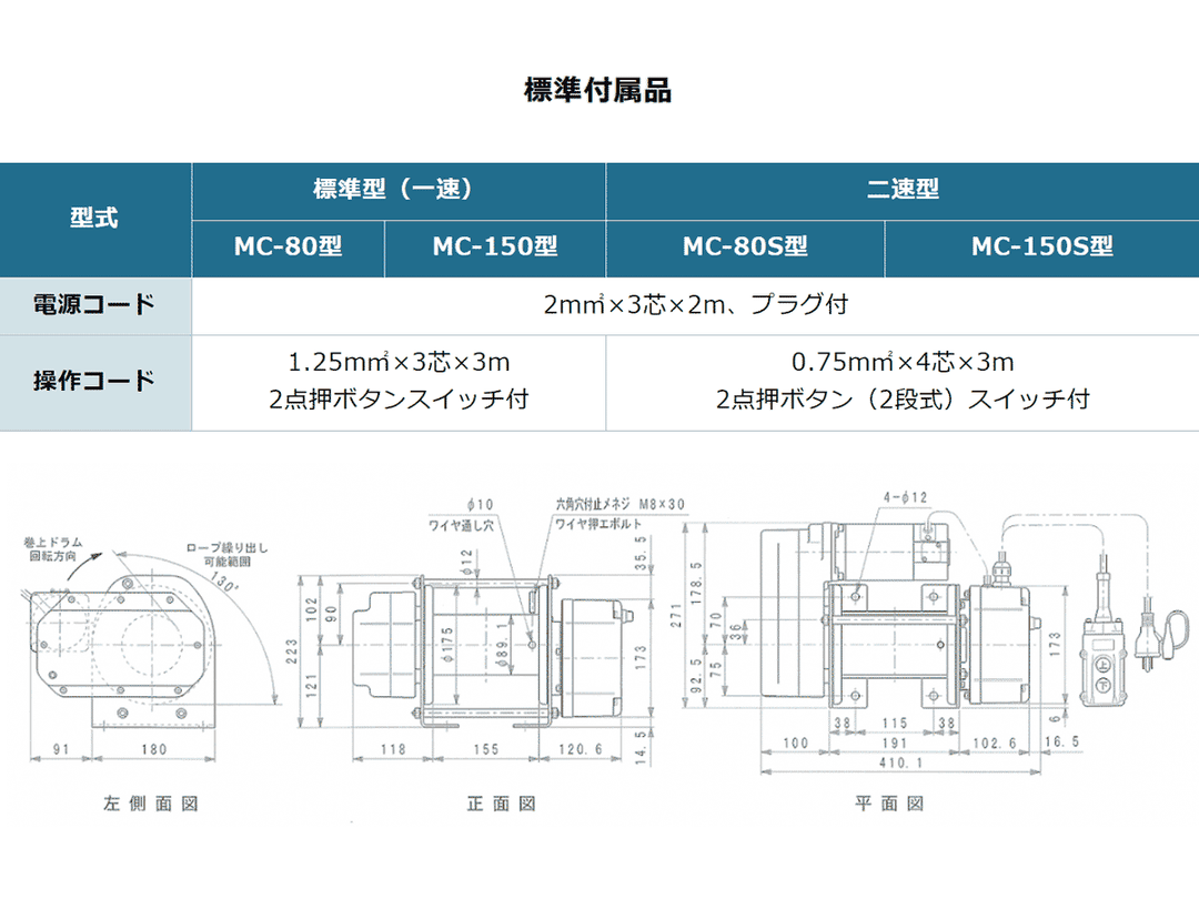 MC型 電動ウインチ まくべぇ~シリーズ(単相100V):富士製作所 MC型 電動ウインチ まくべぇ~シリーズ(単相100V):富士製作所