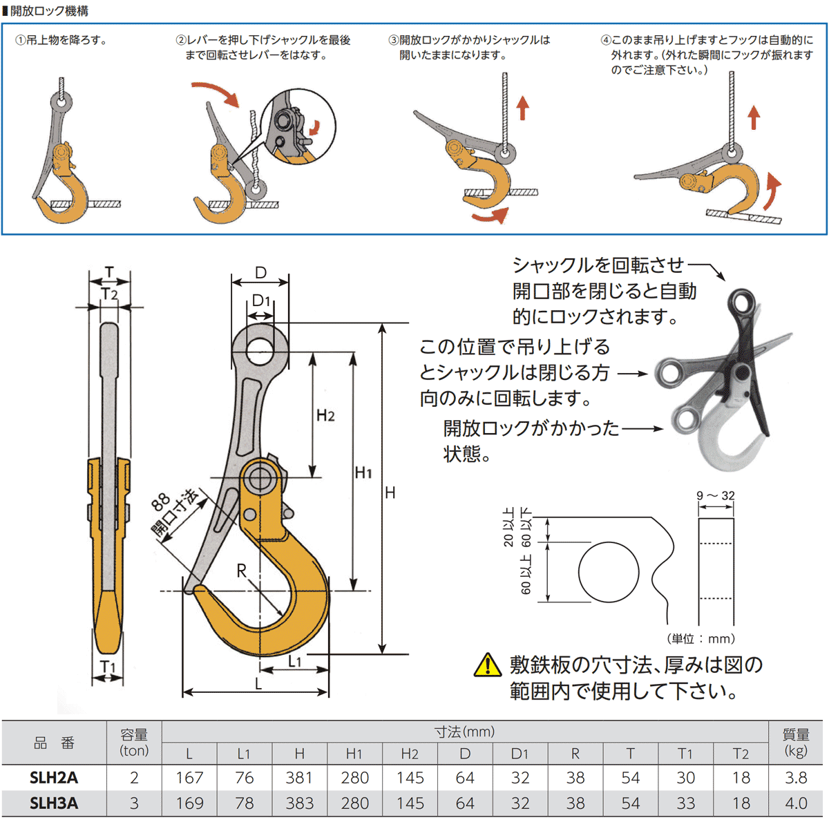 スーパーロックフックSLH-A 開閉ロック式 敷鉄板吊り用フック – モノ スーパーロックフックSLH-A 開閉ロック式 敷鉄板吊り用フック – モノ